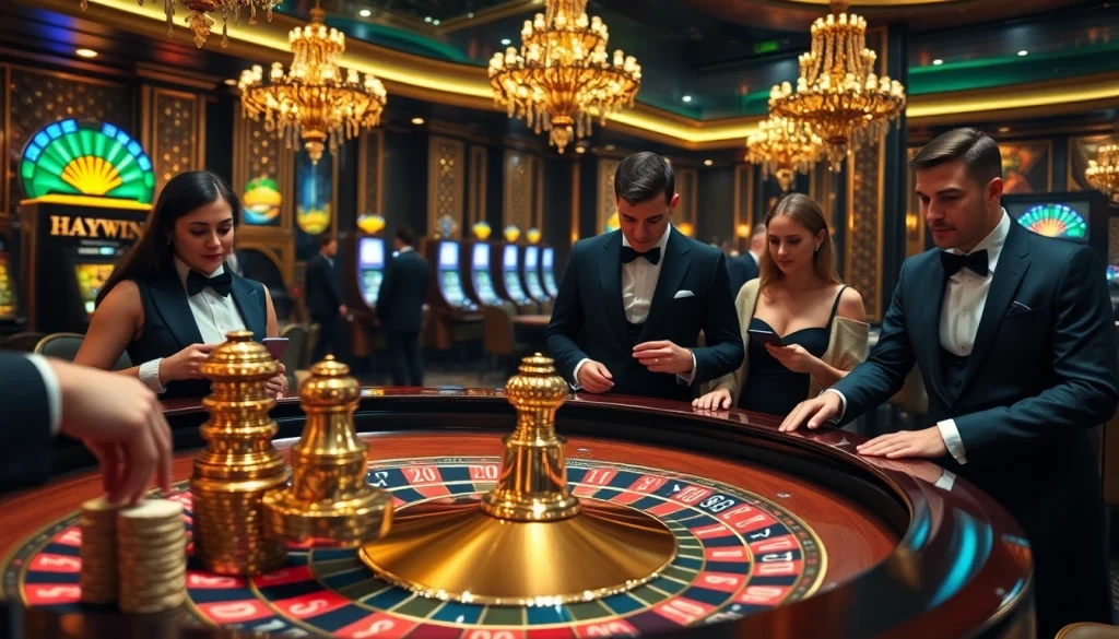 Haywin casino scene with a grand roulette table and elegant players enjoying luxurious gambling.