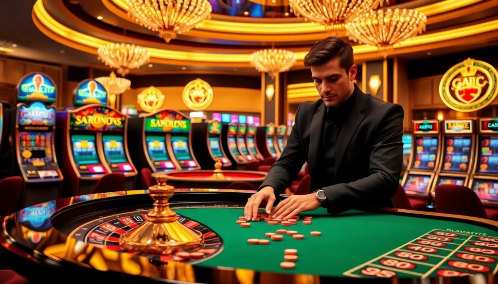 Gambler placing bets at a professional casino table with gavb79 branding.