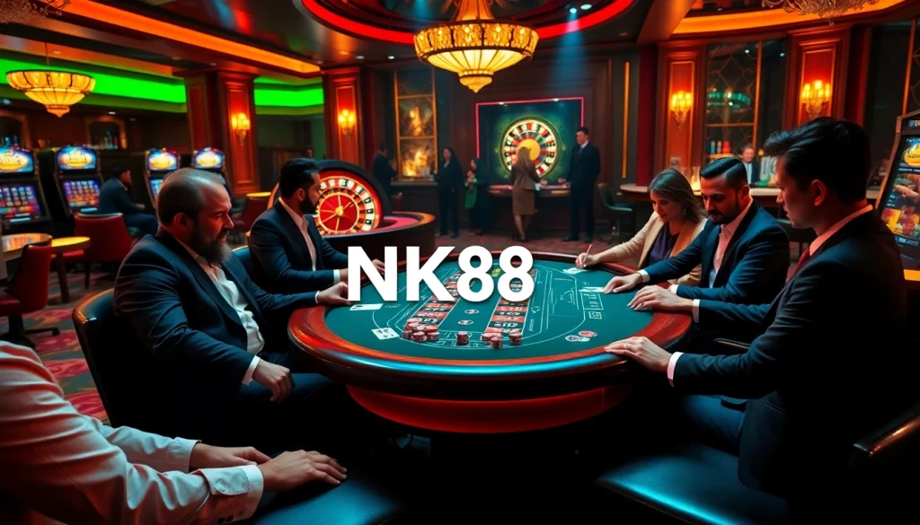 Engage in a luxurious poker game at NK88 casino, featuring vibrant chips and cards.