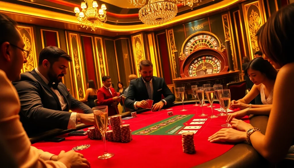 Excited players at a poker table in a luxurious casino setting featuring yo88 branded elements.