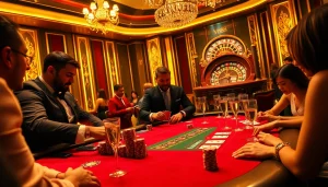 Excited players at a poker table in a luxurious casino setting featuring yo88 branded elements.