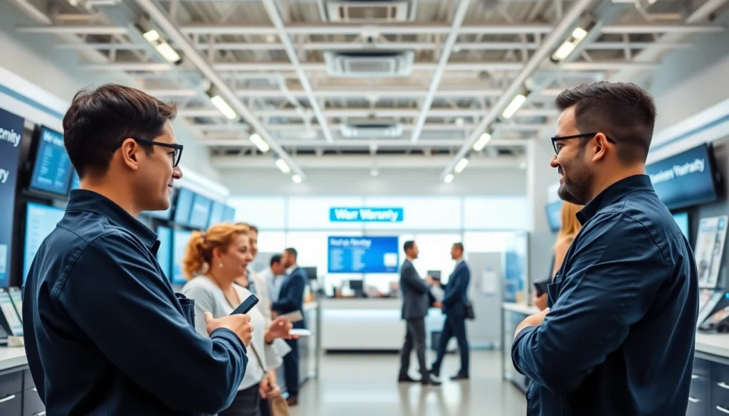 Engaging scene showcasing a digital first warranty company helping clients in a modern service center.