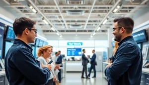 Engaging scene showcasing a digital first warranty company helping clients in a modern service center.