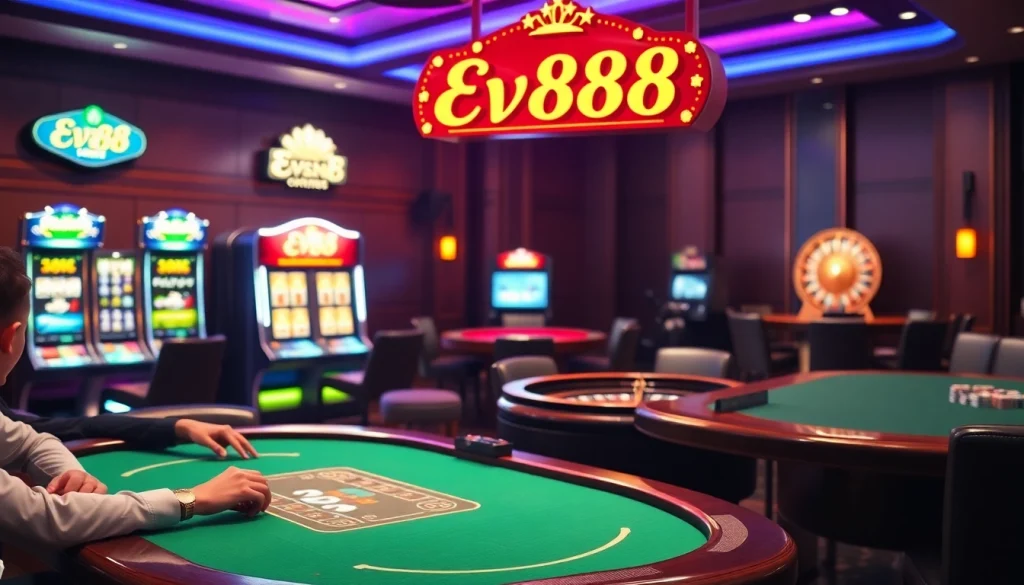Players enjoying high-stakes games at the Ev88 casino, featuring poker tables and slot machines.