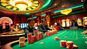 Engaging scene of a nhà cái uy tín with lively poker games and exciting slot machines.