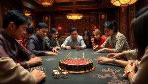 Xóc đĩa gameplay showing diverse players engaged with betting chips at a luxurious casino table.