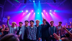 BTS members performing energetically on stage with vibrant lighting during a concert.