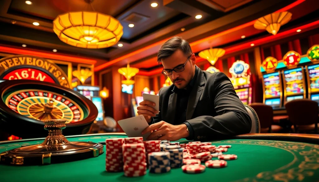 Exciting sbobet-themed casino scene featuring a professional poker game, roulette wheel, and vibrant slot machines.