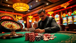 Exciting sbobet-themed casino scene featuring a professional poker game, roulette wheel, and vibrant slot machines.