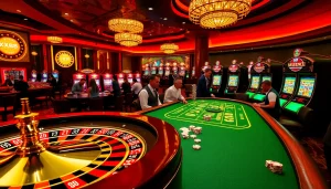 Engaged gamblers at a luxurious casino scene with xx88 themed poker tables and vibrant slot machines.