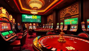 Experience the excitement of Bet88 with stunning casino visuals highlighting roulette, slot machines, and betting tables.