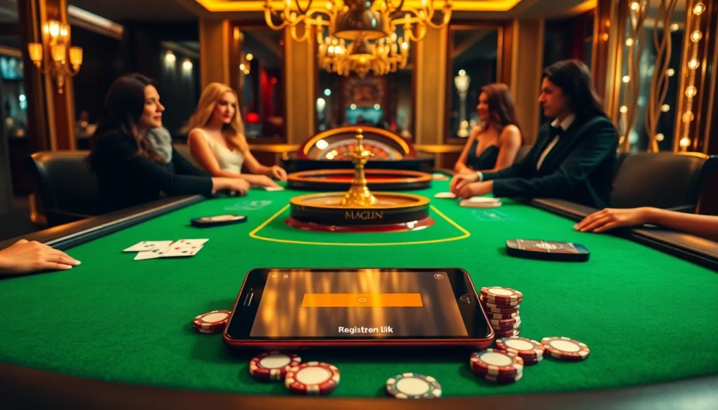 Engage in Đăng Ký S8 at a glamorous casino table full of poker chips and cards.
