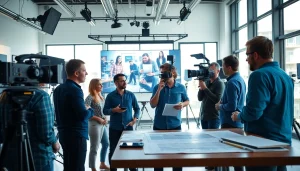 Collaborative video production Phoenix team creating content in a modern studio setting.