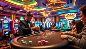 Exciting casino scene featuring bem 88 poker chips and elegant gaming tables.