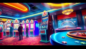 Mahjong Ways 2 slot machine captivates players in an upscale casino, showcasing excitement in gambling.