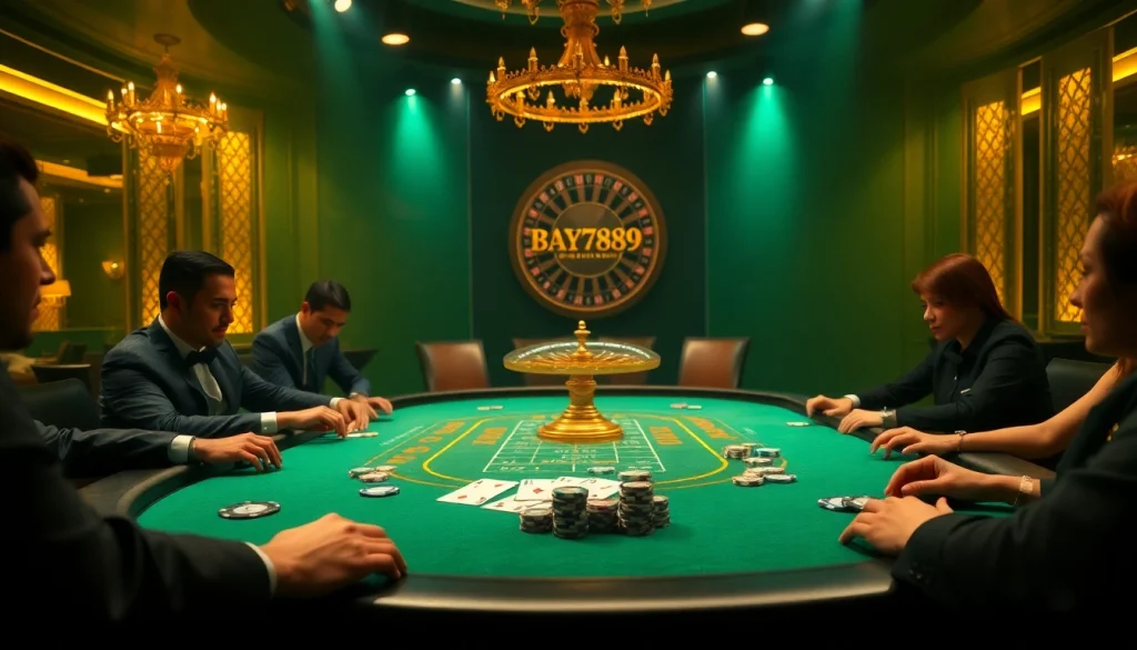 Players at Bay789 engage in an exciting poker game at an upscale casino table.