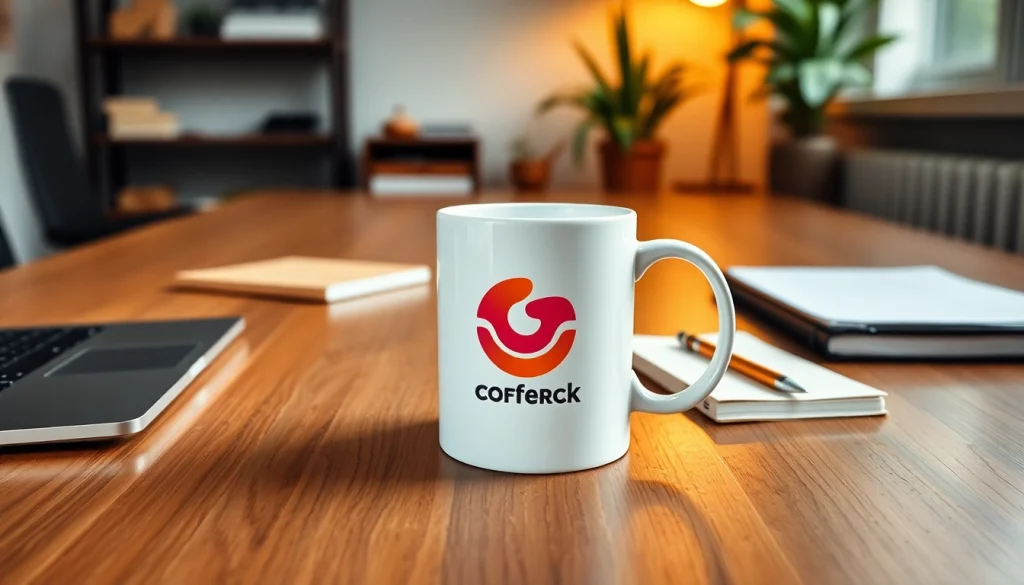 Puodeliai su logotipu parodyti kūrybinėje darbo erdvėje, dominuoja blizgus keraminis puodelis.