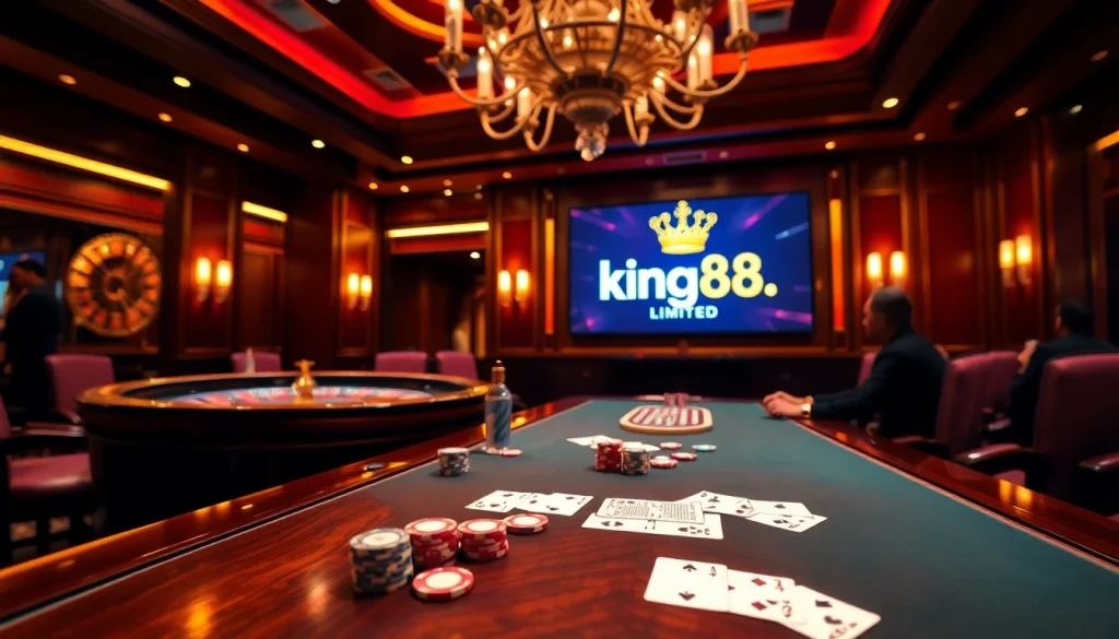 Players enjoying poker at king88.limited in a luxurious casino setting with vibrant chips and cards.
