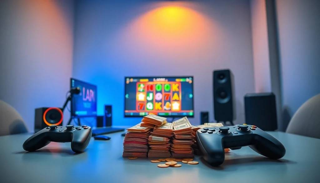 Menggambarkan konsep gudangcuan dalam permainan online dengan setelan gaming modern.