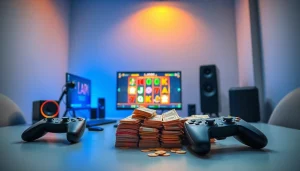 Menggambarkan konsep gudangcuan dalam permainan online dengan setelan gaming modern.