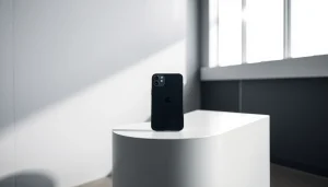 iPhone Special Edition mostrando su diseño elegante y moderno en un pedestal minimalista.