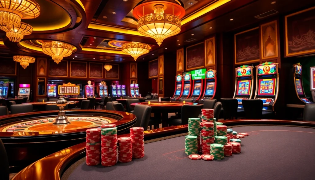 Enjoying games at KJC's luxurious casino featuring vibrant slot machines and poker tables.