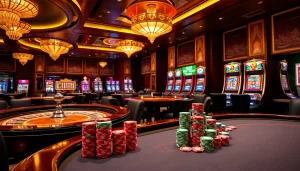 Enjoying games at KJC's luxurious casino featuring vibrant slot machines and poker tables.