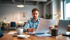 Individual examining documents for pool rijbewijs kopen in a modern office setting.