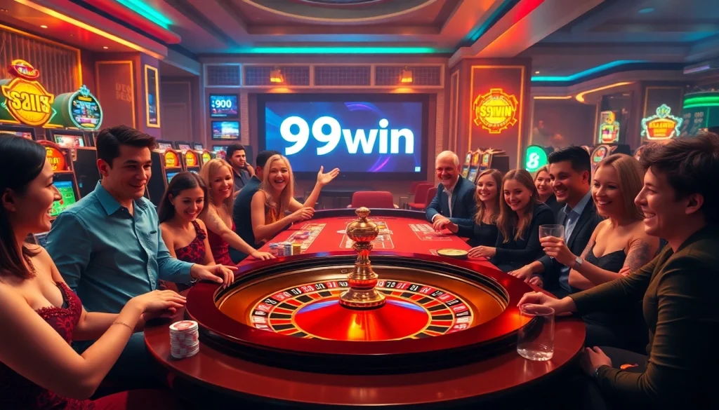 Players enjoying the excitement of casino games at 99win with vibrant slot machines and roulette.