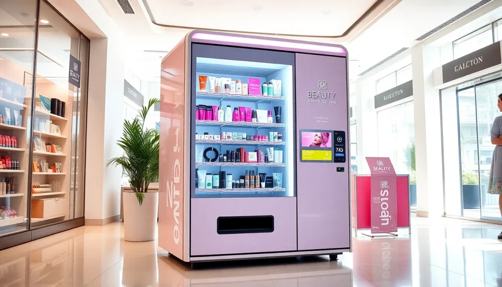 Beauty vending machine showcasing a variety of trendy cosmetics and skincare products in a modern retail environment.