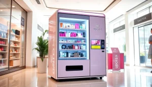 Beauty vending machine showcasing a variety of trendy cosmetics and skincare products in a modern retail environment.