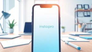 instapro app interface displayed on a smartphone in a modern workspace