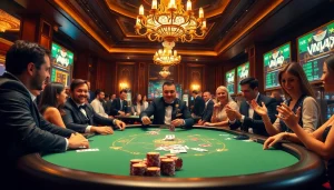 VMAX players enjoying a high-stakes poker game with dynamic chips and cards at a luxurious casino table.