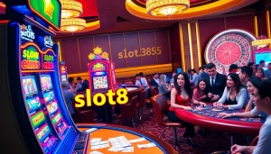 Players enjoying a thrilling slot365 experience at a luxurious casino, featuring vibrant slot machines and tables.