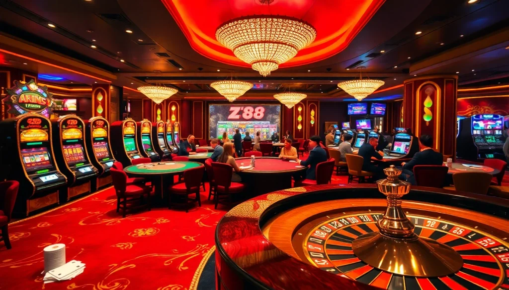 Experience the excitement of AZ88 with vibrant casino games, poker chips, and roulette tables.