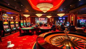 Experience the excitement of AZ88 with vibrant casino games, poker chips, and roulette tables.
