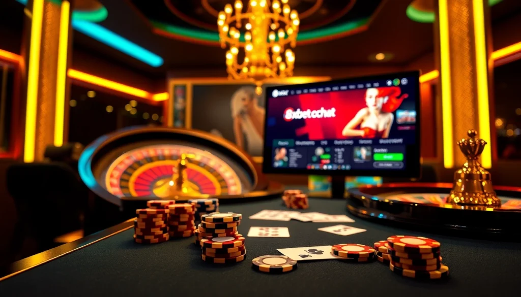 Engage in thrilling online gambling at 8xbetcom.chat with vibrant casino visuals, poker chips, and roulette wheels.