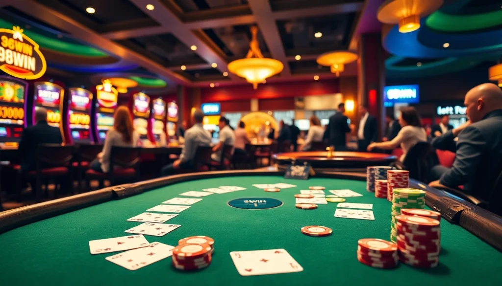 Experience 98WIN's thrilling casino atmosphere with high-stakes poker and vibrant slot machines.