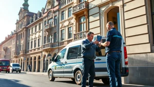 Wiesbaden Schlüsselnotdienst: Professioneller Schlüsseldienst unterstützt einen Kunden in einer historischen Straße