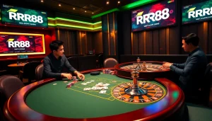RR88 poker game setup with elegant chips and ambiance, capturing the thrill of online gambling.