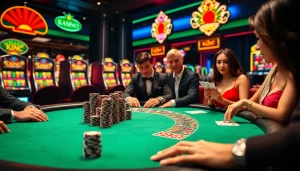 KJC casino's action-packed poker game with vibrant chips and cards in play.