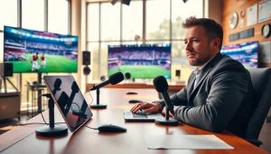 Engaging sports broadcasting scene with a commentator, capturing vibrant studio energy.