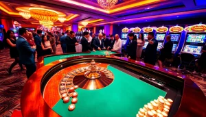 Players enjoying a thrilling experience at https://kuwin.ac/ casino with roulette and slot machines.