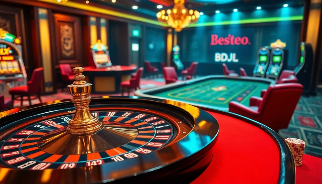 Experience the thrill of BDJL gaming at a luxurious casino with roulette and blackjack tables.
