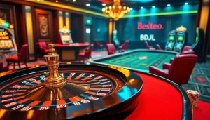 Experience the thrill of BDJL gaming at a luxurious casino with roulette and blackjack tables.