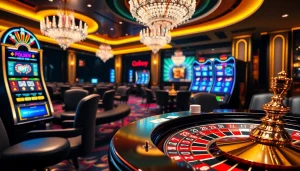 Experience excitement at onicplay with vibrant casino tables, roulette wheels, and slot machines.