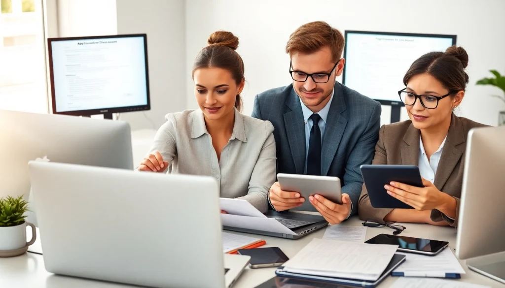 Applicants completing the uk eta online application process on modern devices in a bright office.