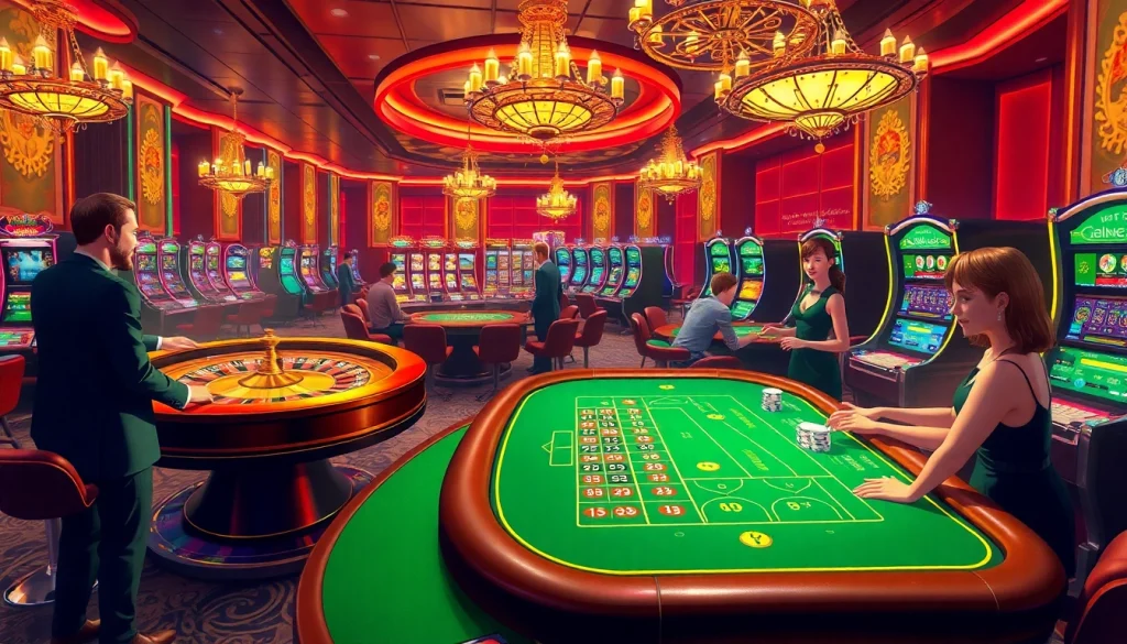 Experience thrilling action at HITCLUB casino featuring vibrant slot machines and engaging players.