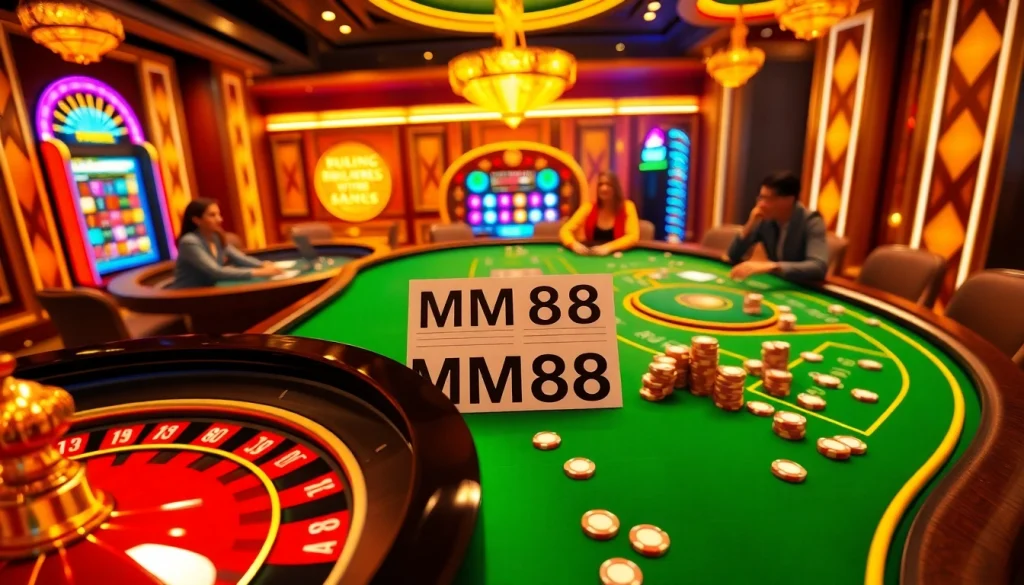 Experience the thrill of MM88 with a luxurious casino scene including roulette and poker tables.