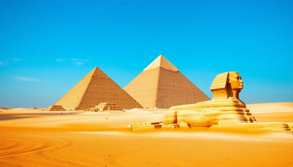 Pyraminds of Giza standing majestically against a bright blue sky.